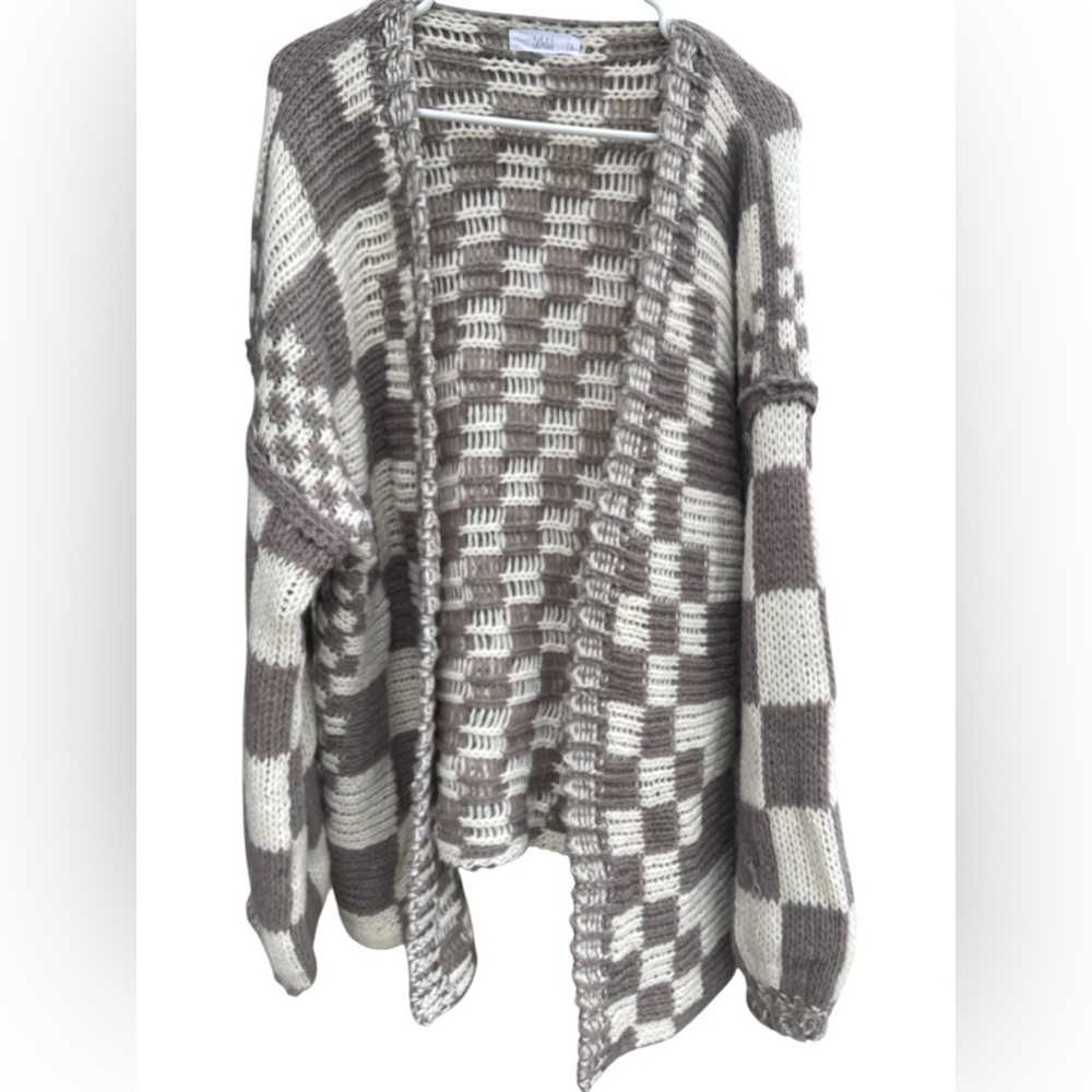 Cozy Checkered Knit Sweater - Mocha and Cream